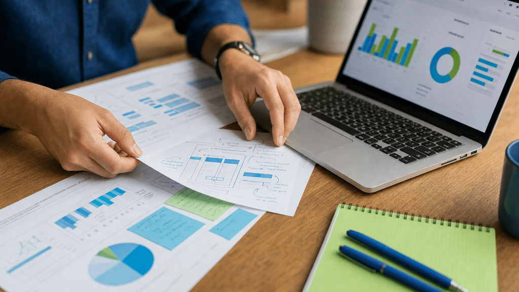 meta ads placement testing guide — hands reviewing printed campaign performance reports on a desk