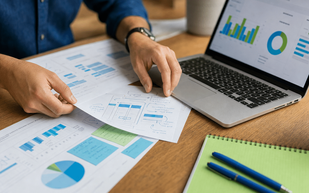 meta ads placement testing guide — hands reviewing printed campaign performance reports on a desk