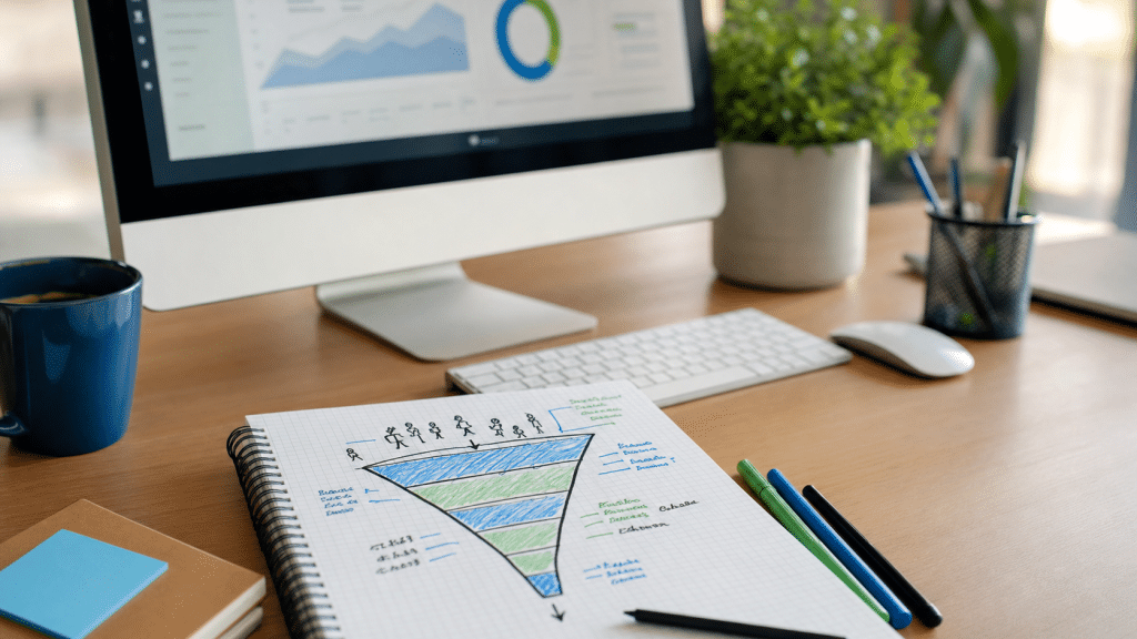 micro conversions explained — funnel diagram sketched on notepad beside desktop computer