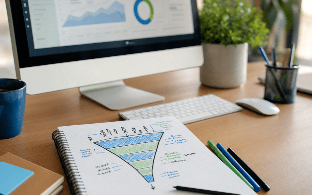 micro conversions explained — funnel diagram sketched on notepad beside desktop computer