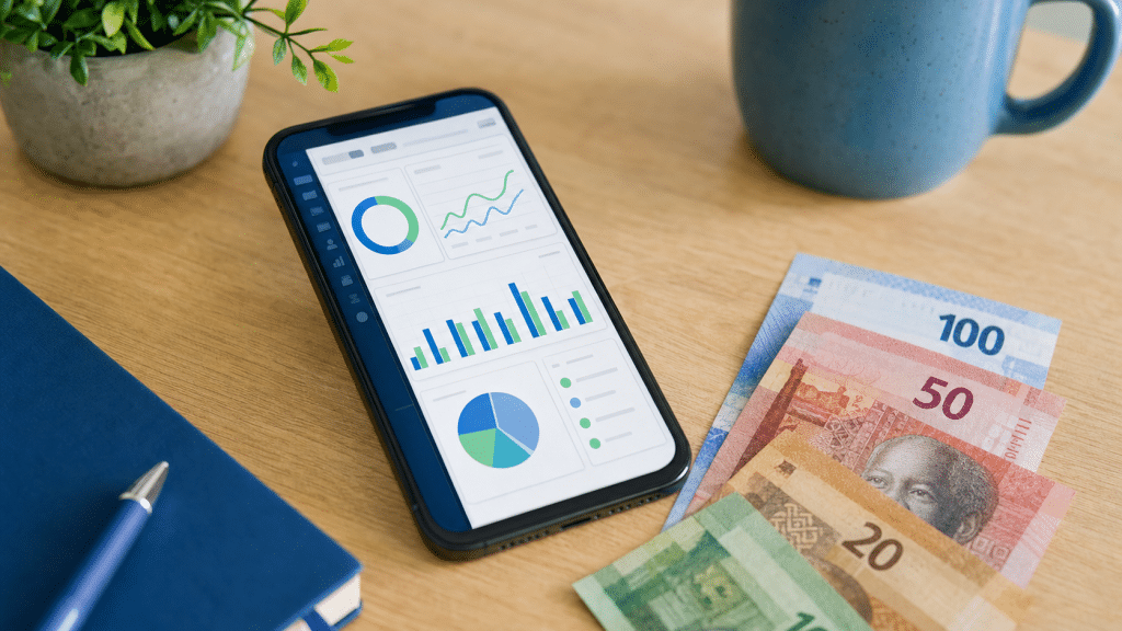 minimum google ads budget South Africa — smartphone showing analytics dashboard beside rand banknotes
