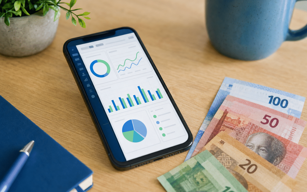 minimum google ads budget South Africa — smartphone showing analytics dashboard beside rand banknotes