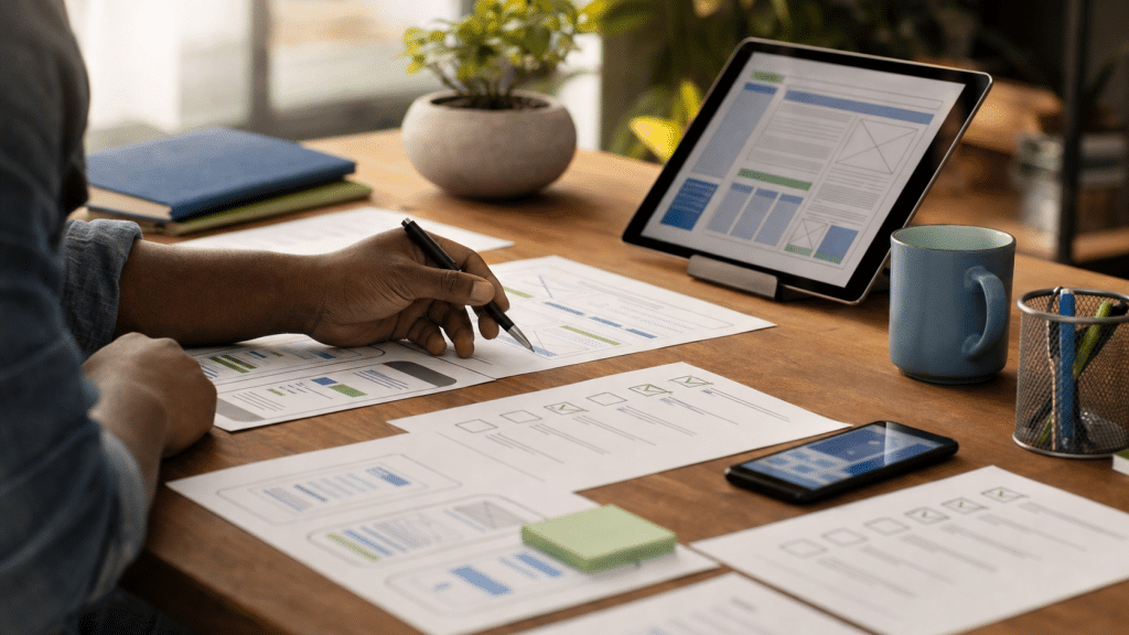 mobile first web design checklist - designer reviewing mobile wireframes and checklist pages at a professional workstation
