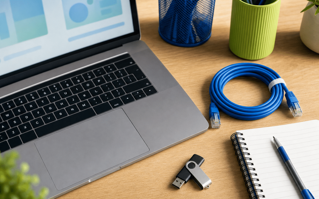 move website new host — flat lay showing laptop, USB drive and migration planning notes on a desk