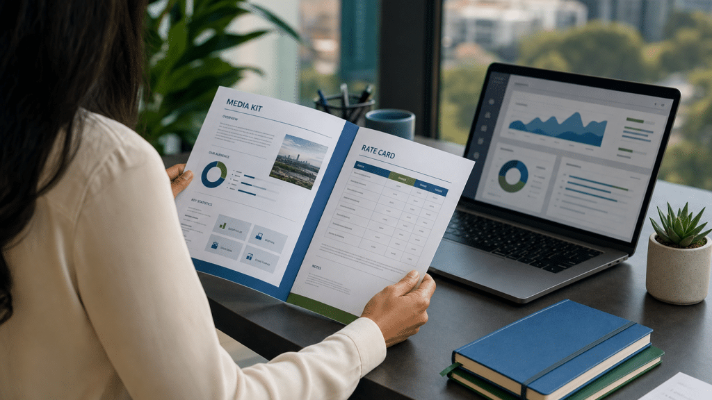 newsletter sponsorship rates south africa — marketing professional reviewing newsletter media kit at Johannesburg office desk