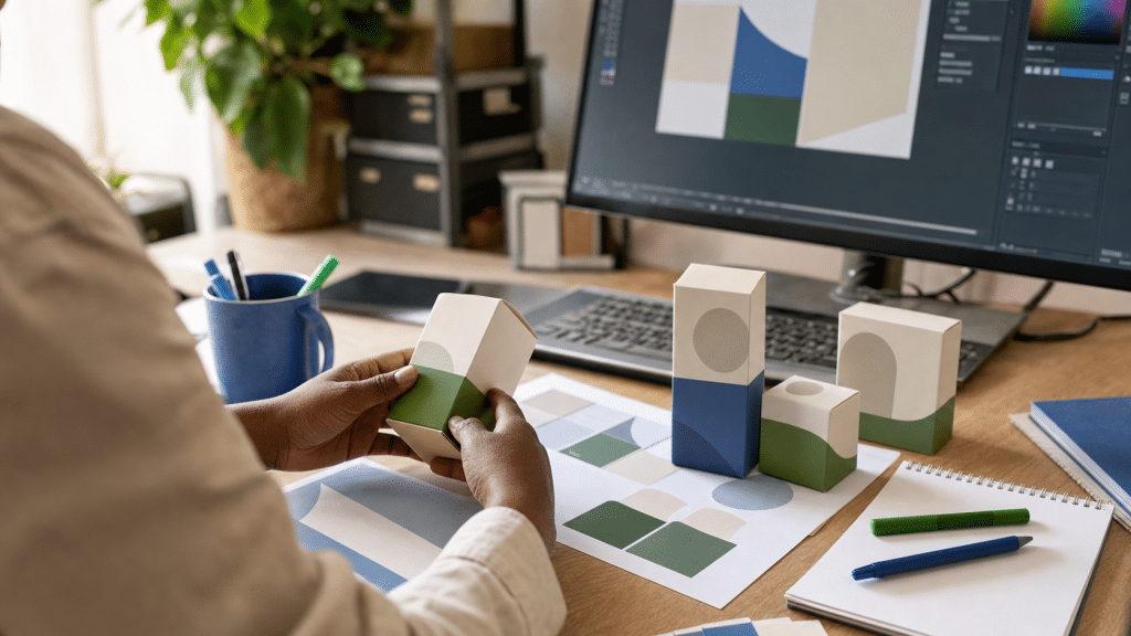 packaging design costs south africa — designer reviewing product packaging mockups at a studio workstation
