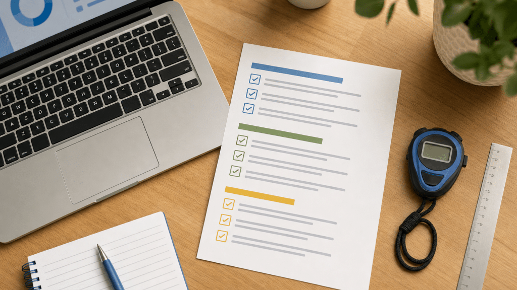 page speed seo checklist — printed checklist, stopwatch and laptop flat-lay