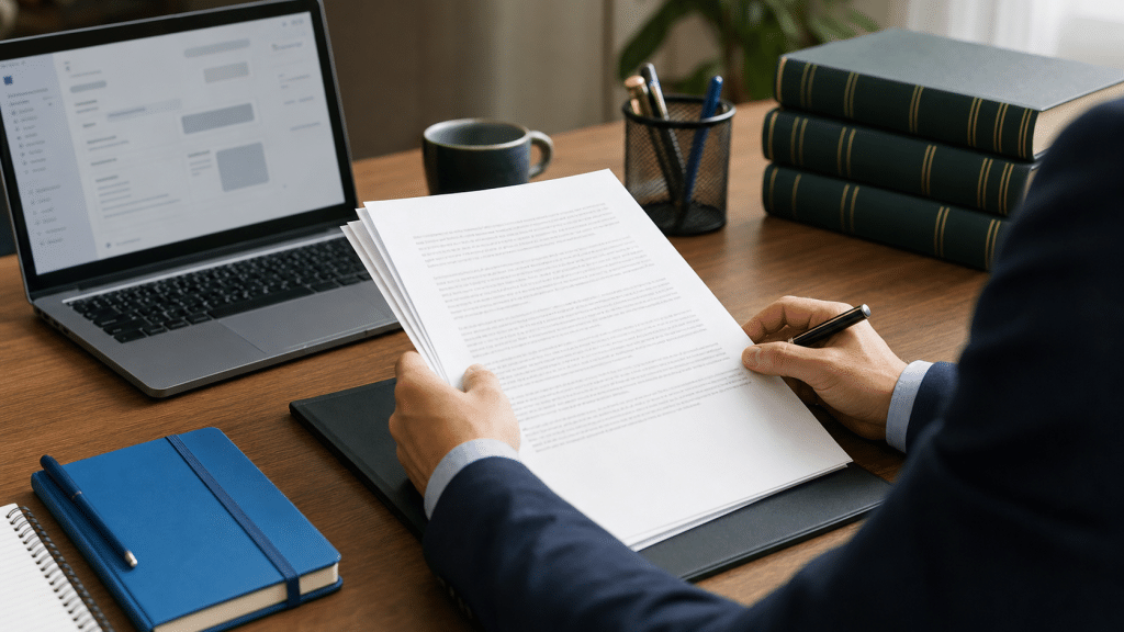 popia operator agreement — business professional reviewing printed data processing contract at a desk