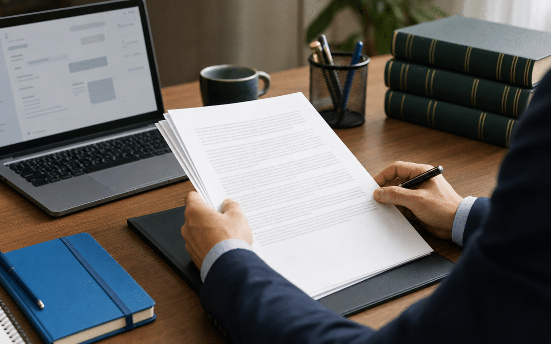 popia operator agreement — business professional reviewing printed data processing contract at a desk
