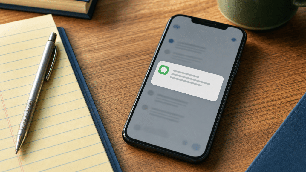 popia sms marketing — smartphone with SMS notification next to a legal notepad on a wooden desk