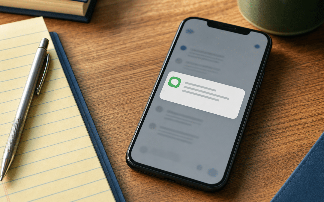popia sms marketing — smartphone with SMS notification next to a legal notepad on a wooden desk