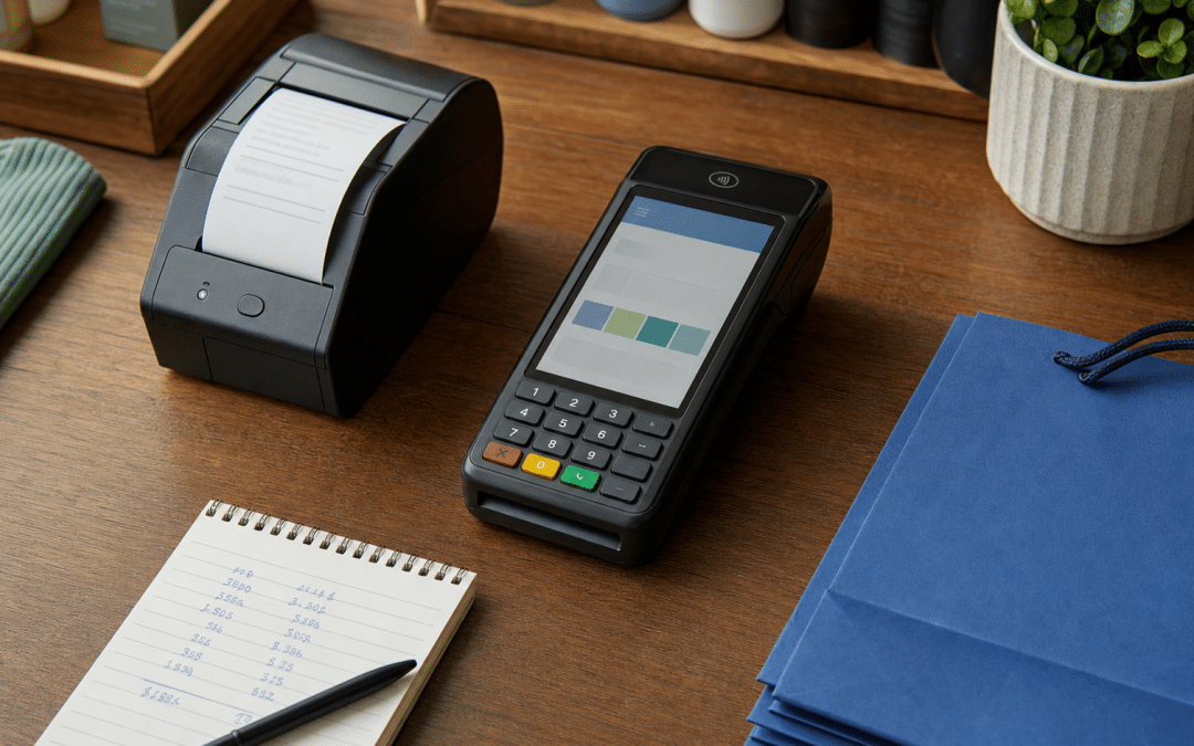 pos system costs south africa — card terminal and receipt printer flat-lay on a retail counter