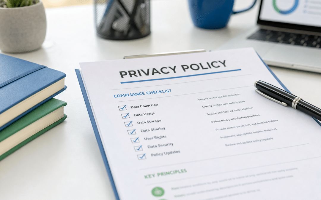 privacy policy requirements checklist document on desk with pen