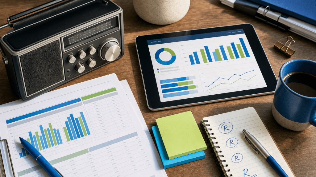 radio vs digital advertising costs south africa comparison flat-lay with radio receiver and analytics tablet