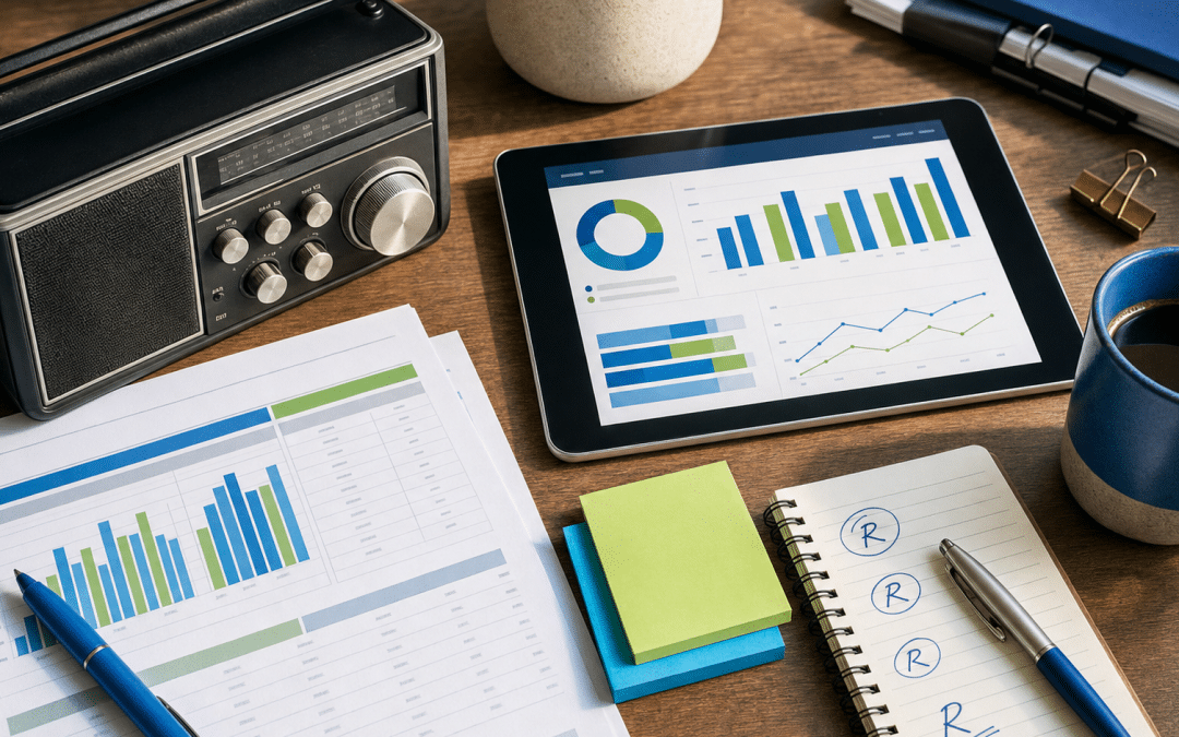 radio vs digital advertising costs south africa comparison flat-lay with radio receiver and analytics tablet
