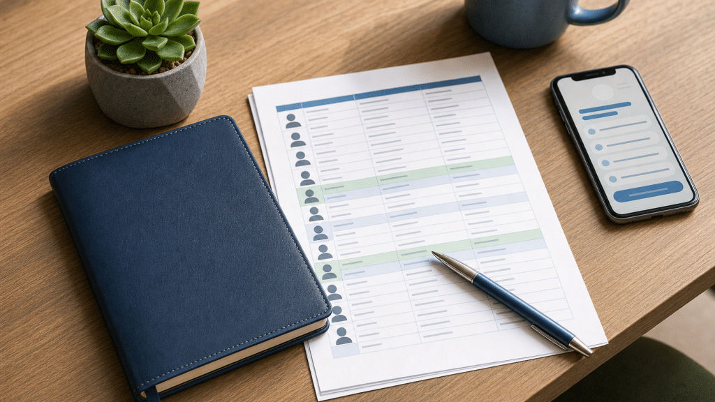 sales prospecting tools including notebook, contact list, and mobile phone on a desk