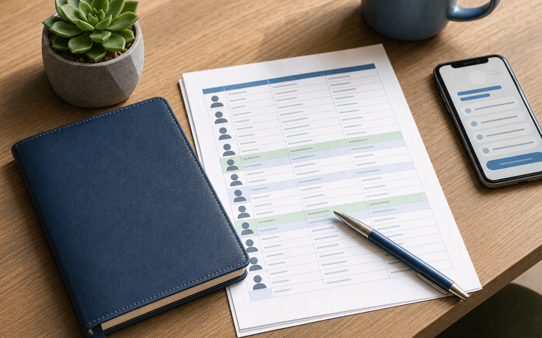 sales prospecting tools including notebook, contact list, and mobile phone on a desk