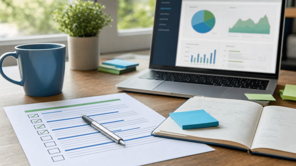 seo content audit checklist — printed checklist with pen, notebook, and analytics dashboard on laptop