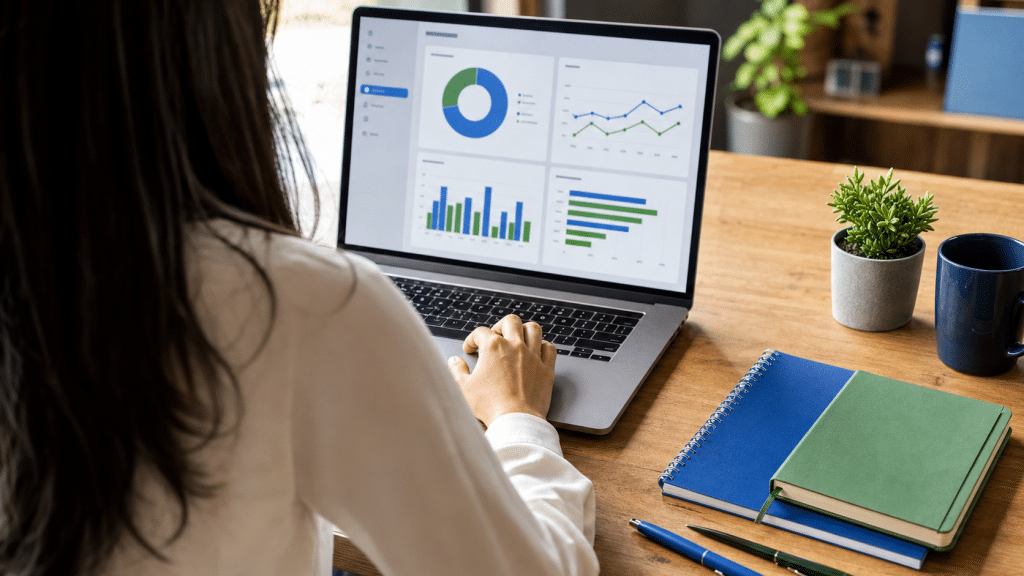 seo content decay explained — professional reviewing declining traffic analytics on a laptop