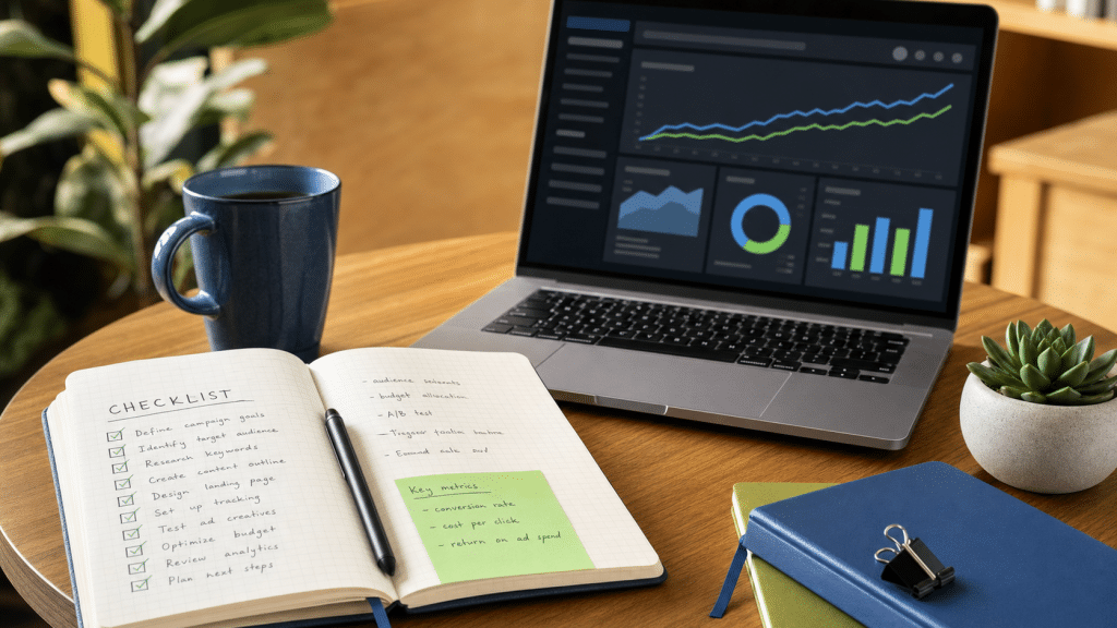 seo content refresh checklist notebook beside analytics dashboard showing rising rankings