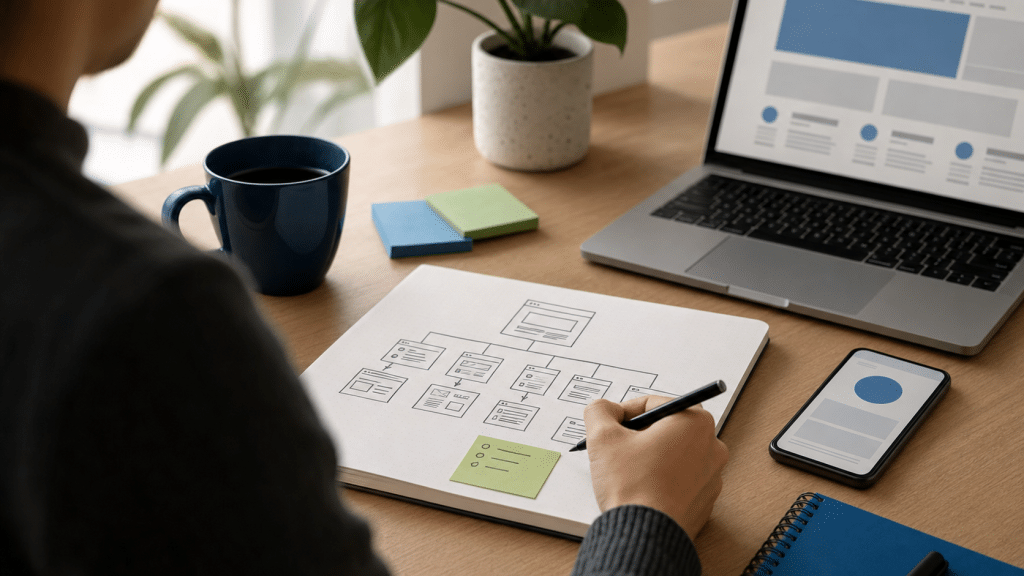seo crawl depth explained — content strategist mapping website page hierarchy on a desk diagram