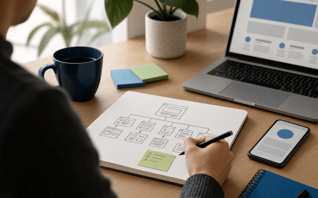 seo crawl depth explained — content strategist mapping website page hierarchy on a desk diagram