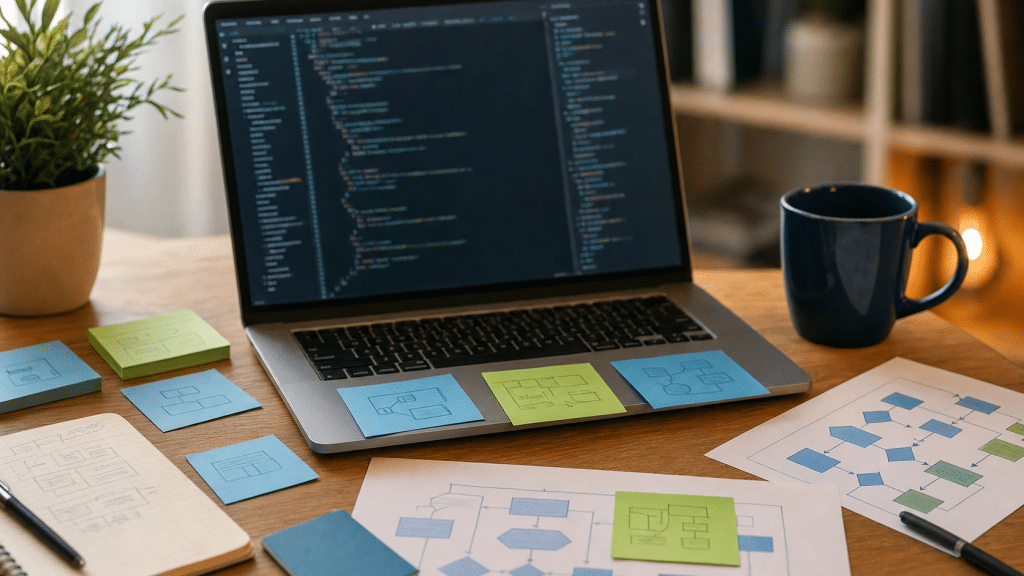 seo for javascript websites developer desk with code editor and technical rendering diagrams