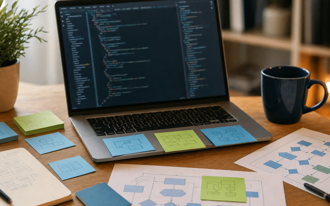 seo for javascript websites developer desk with code editor and technical rendering diagrams