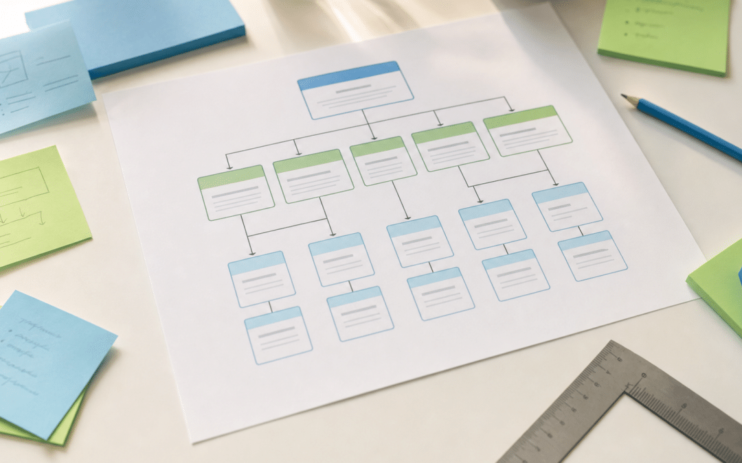 seo information architecture guide — printed website hierarchy flowchart with tiered boxes and sticky notes on a desk