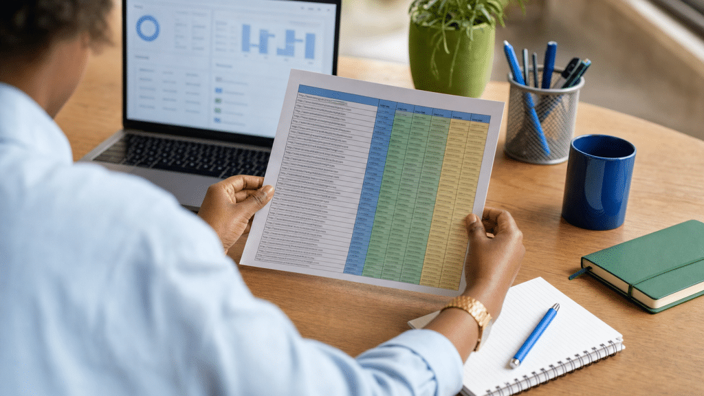 seo page ownership audit spreadsheet with URL inventory and owner columns on a desk