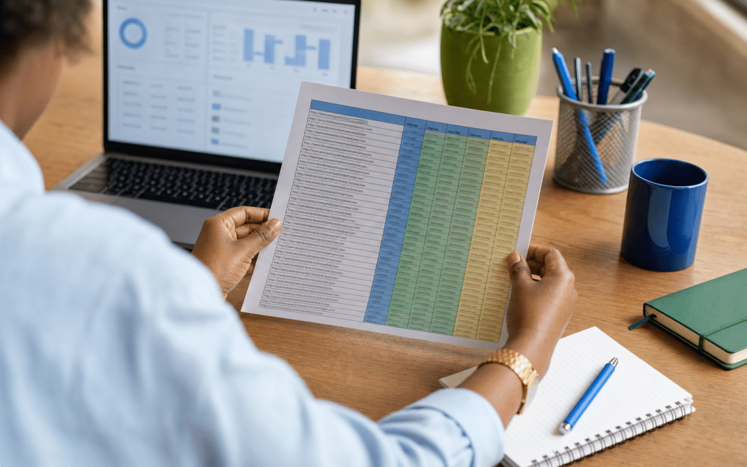 seo page ownership audit spreadsheet with URL inventory and owner columns on a desk