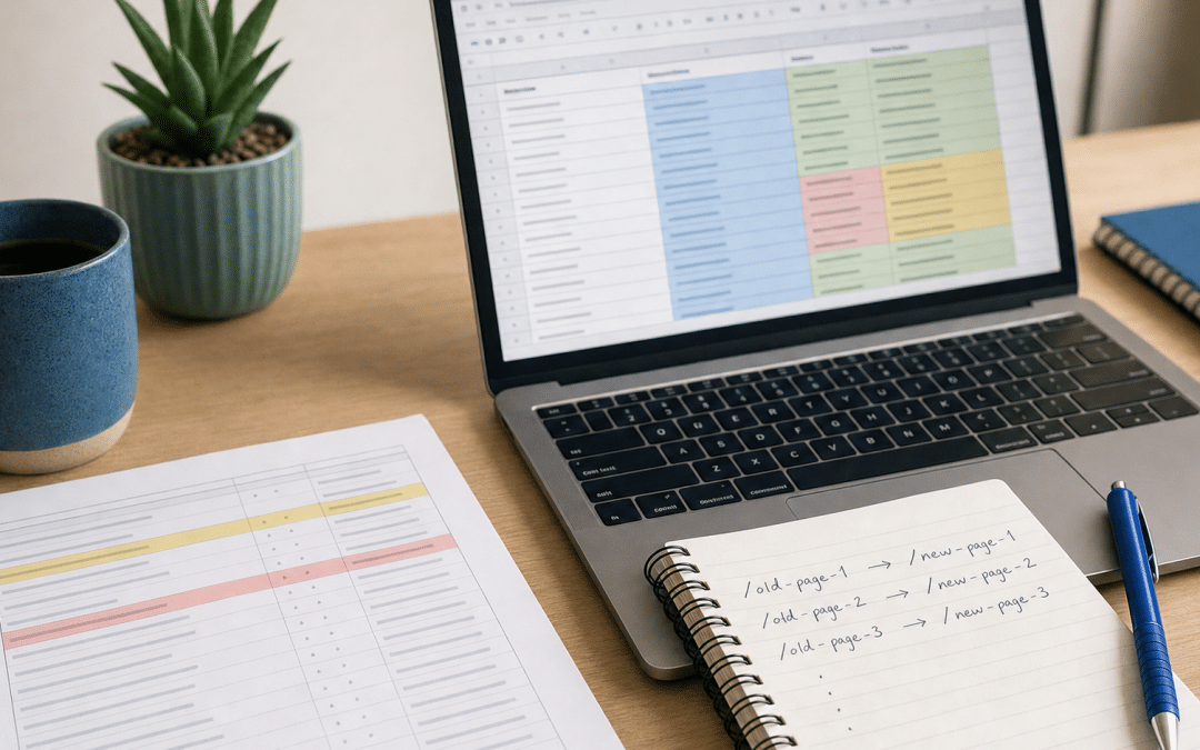 seo redirect map checklist showing a colour-coded URL mapping spreadsheet with priority tiers on a laptop screen alongside a printed crawl audit report
