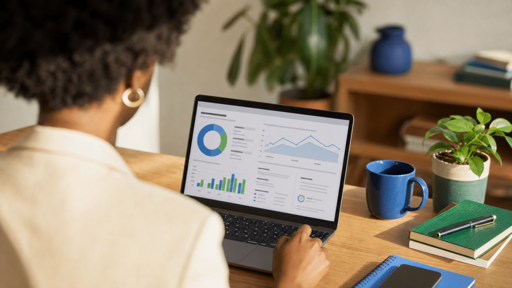 seo reporting metrics that matter — marketing professional reviewing organic search dashboard