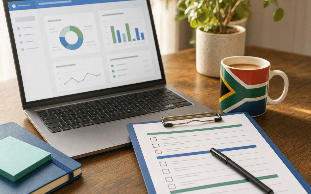 seo site migration checklist on a clipboard beside a laptop in a South African office