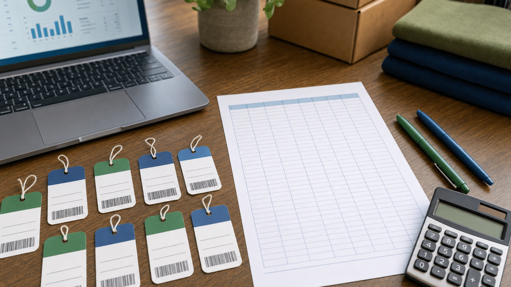 shopify bulk price editor — product price tags and pricing spreadsheet on a wooden desk