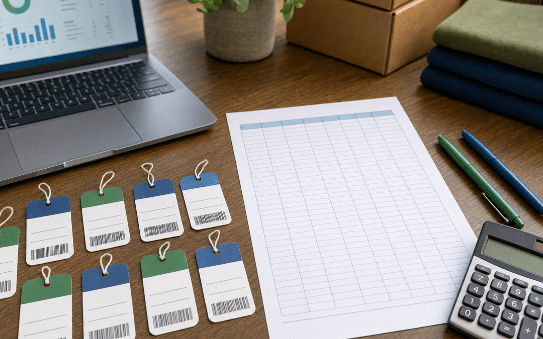 shopify bulk price editor — product price tags and pricing spreadsheet on a wooden desk