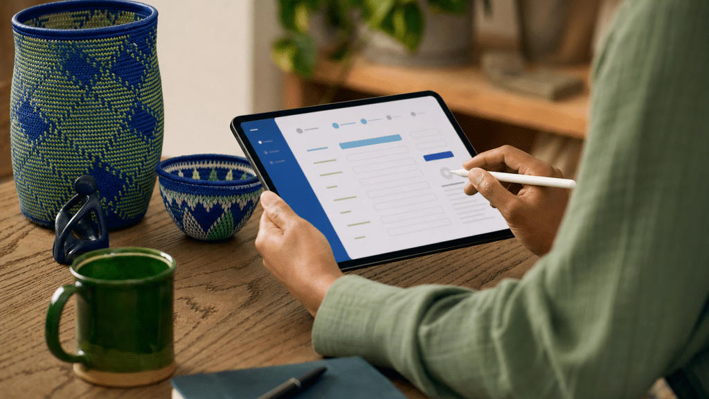 shopify checkout language settings on a tablet at a South African workspace