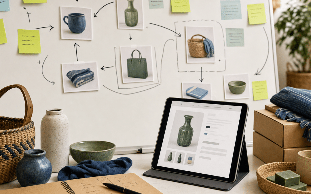 shopify complementary products setup diagram on a whiteboard with product pairing notes