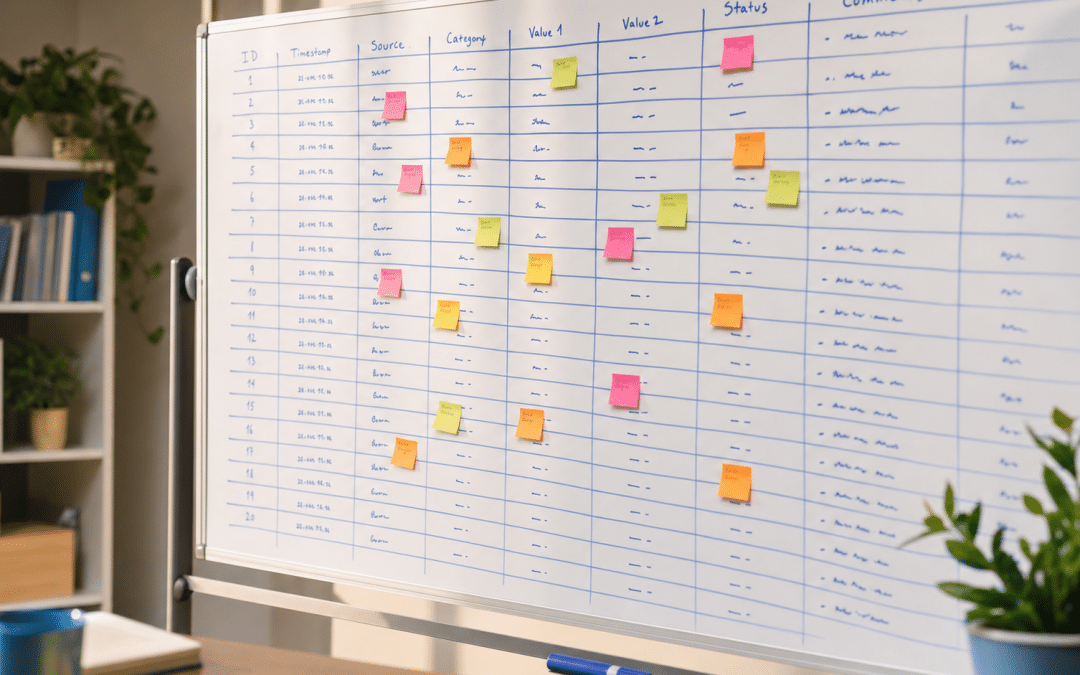shopify csv import errors checklist on a whiteboard with annotated grid and sticky notes