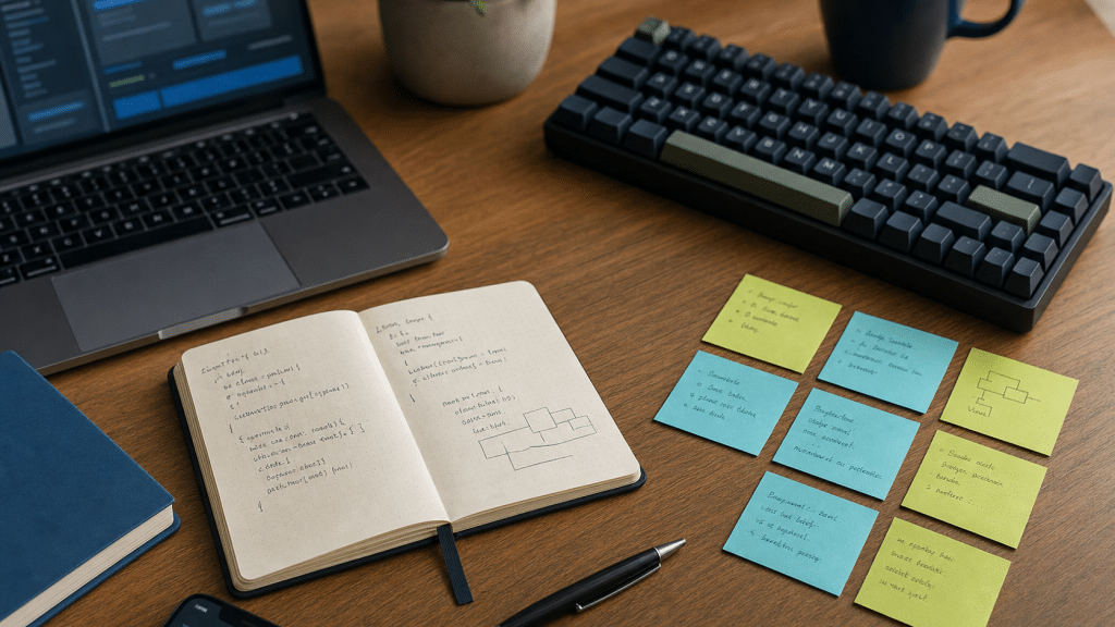 shopify custom liquid block — desk flatlay with keyboard, notebook and code notes