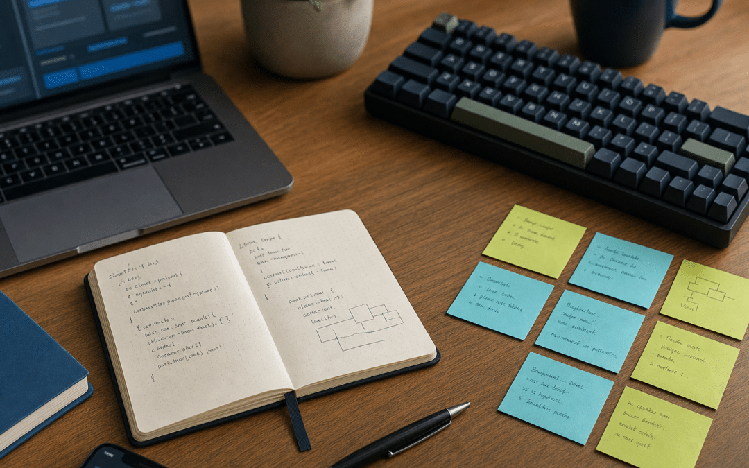 shopify custom liquid block — desk flatlay with keyboard, notebook and code notes