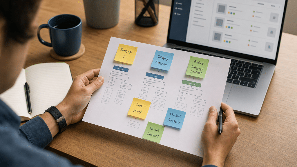 shopify markets subfolders vs subdomains — developer reviewing international URL structure diagram at a desk