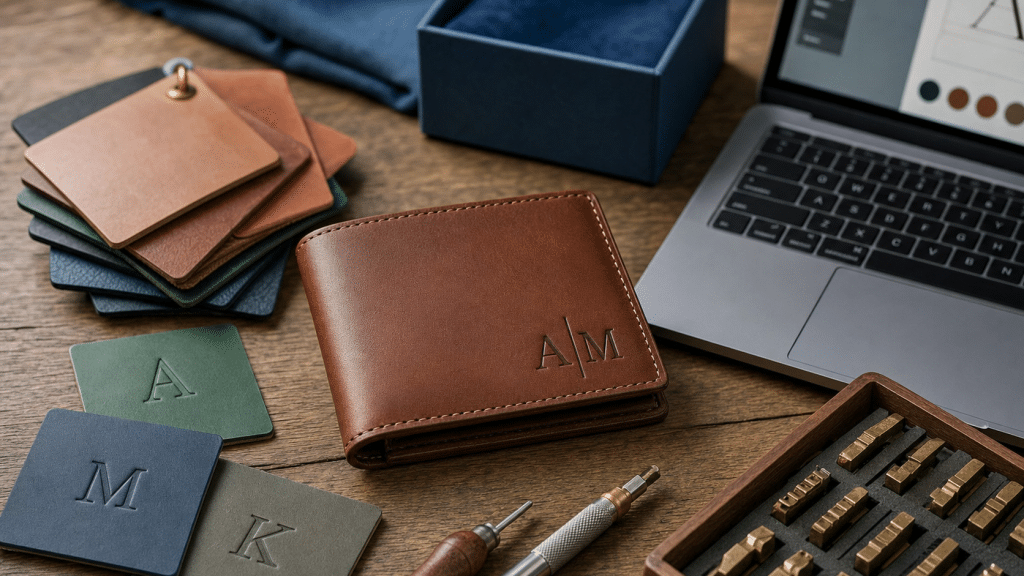 shopify product personalisation — flat-lay of custom leather wallet and monogram tools on a desk