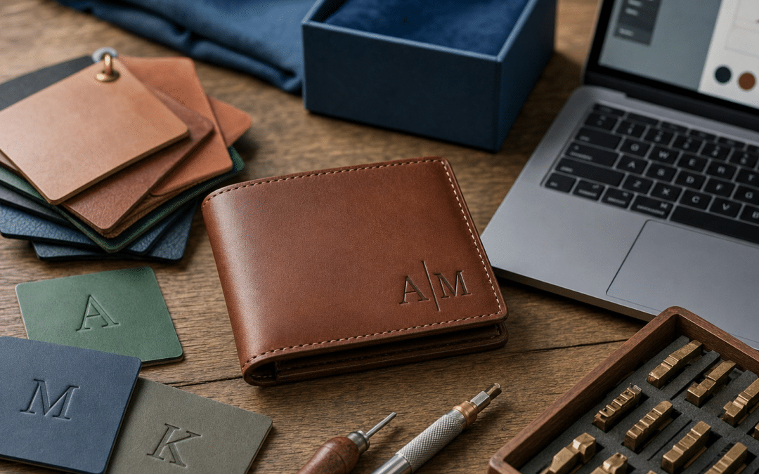 shopify product personalisation — flat-lay of custom leather wallet and monogram tools on a desk