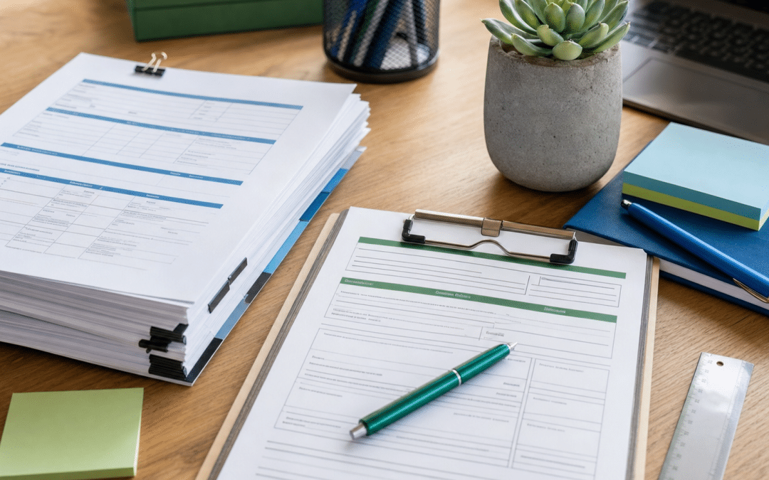shopify purchase orders documents and clipboard on a wooden desk with blue and green stationery