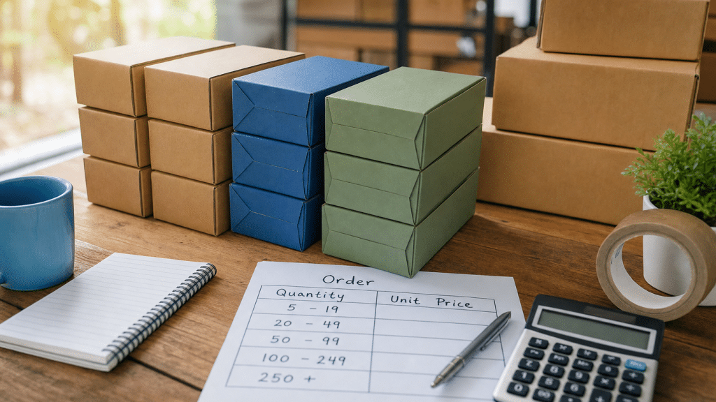 shopify quantity rules volume pricing — stacked wholesale product boxes with tiered pricing breakdown on wooden surface