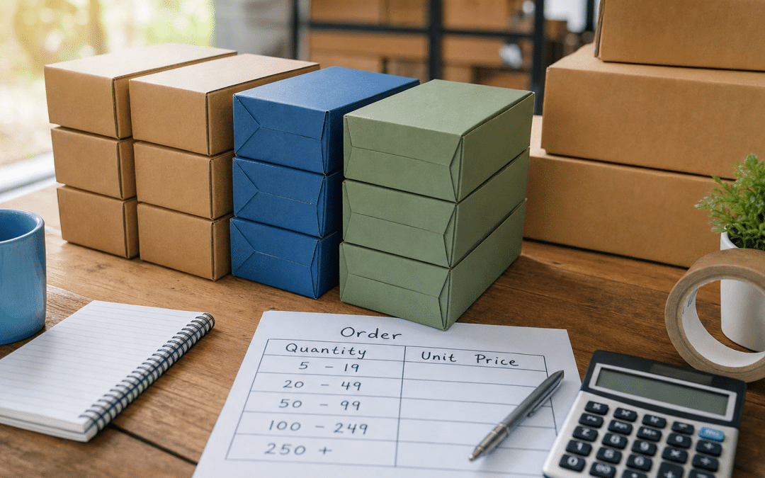 shopify quantity rules volume pricing — stacked wholesale product boxes with tiered pricing breakdown on wooden surface