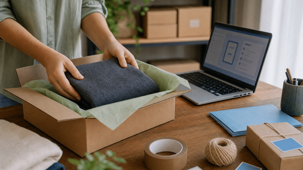 shopify unfulfilled vs fulfilled — hands packing an ecommerce order at a home warehouse desk