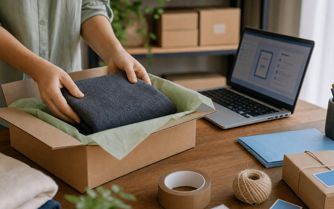shopify unfulfilled vs fulfilled — hands packing an ecommerce order at a home warehouse desk