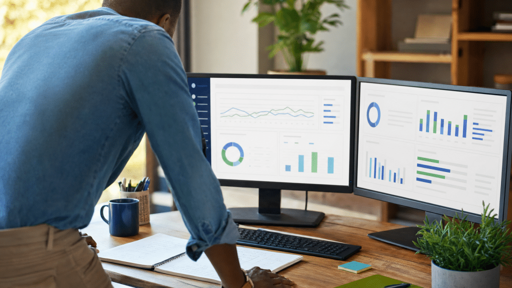 smart campaigns vs expert mode - business owner reviewing Google Ads dashboard options at a desk